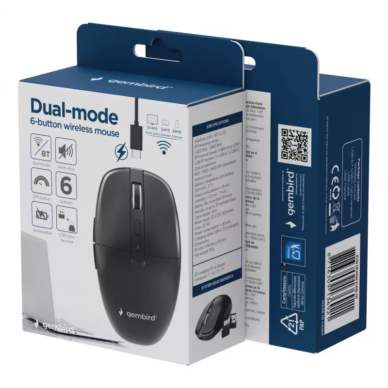 Gembird MUSW2-6B-01 Ratón inalámbrico de doble modo, 2,4 GHz + Bluetooth 5.0, 1600 DPI, 6 botones, Negro