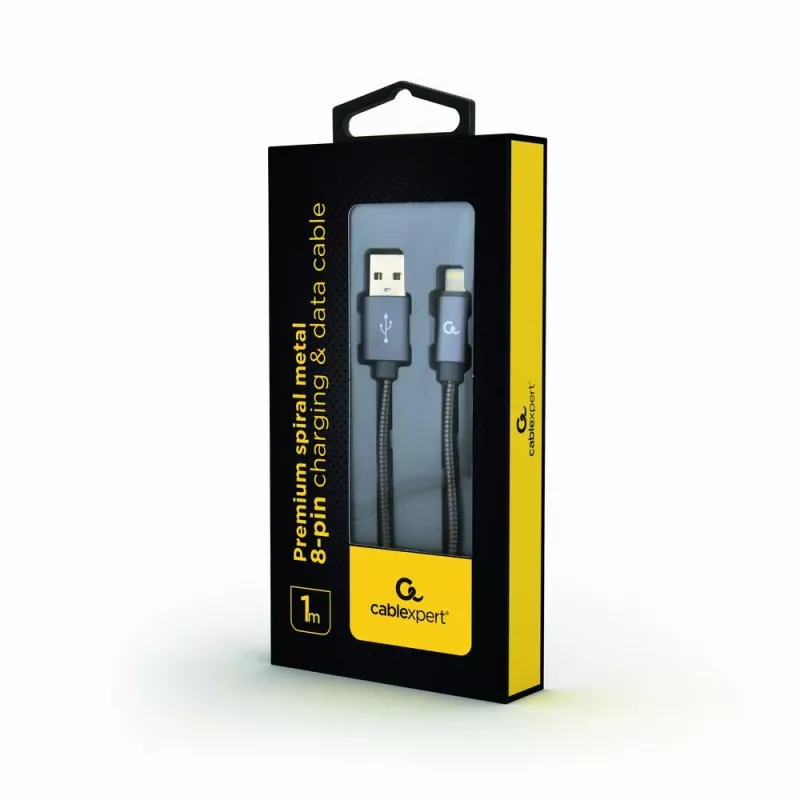 Cable Gembird USB-A a Lightning, espiral metálico premium, 1 m, gris metalizado