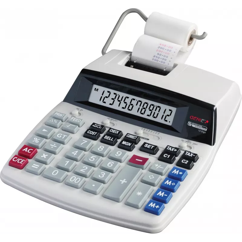 GENIE D69 PLUS calculadora de escritorio con impresora y cinta, LCD de 12 dígitos, impresión a 2 colores, CA/pila