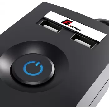 Regleta con protección contra sobretensiones GETFORT 5P-3M-B-USB, 5 tomas AC, 2 puertos USB-A, cable de 3 m, negro