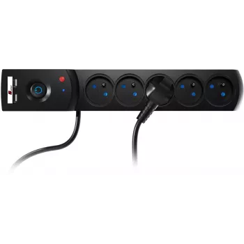 Regleta con protección contra sobretensiones GETFORT 5P-3M-B-USB, 5 tomas AC, 2 puertos USB-A, cable de 3 m, negro