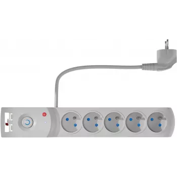 Regleta con protección contra sobretensiones GETFORT 5P-3M-G-USB de 5 tomas con 2 puertos USB, cable de 3 m, gris