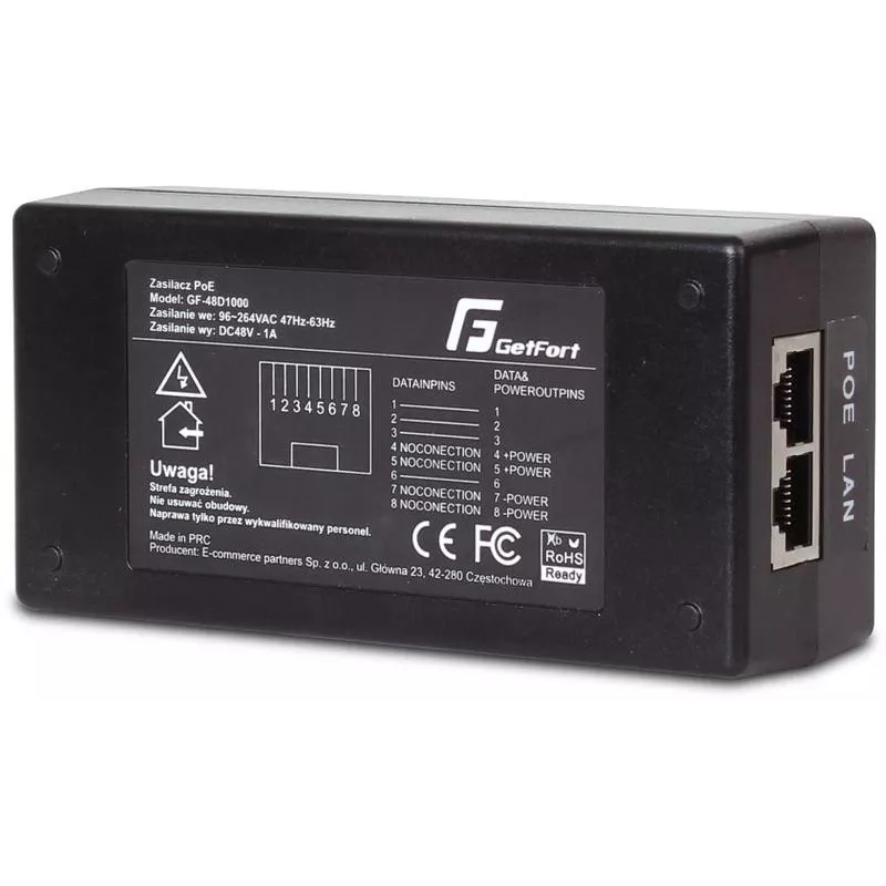 GETFORT GF-48D1000 Adaptador inyector PoE pasivo 48W, 100-240V AC a 48V DC, 10/100 Mbps, 2x RJ45, compatible con IEEE 802.3af/at