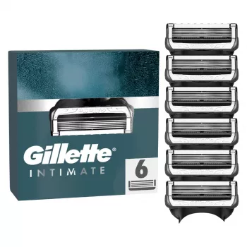 Gillette Intimate Recambio de cuchillas de afeitado, 6 cuchillas, Negro, Afeitado del vello íntimo masculino