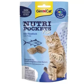 GimCat Nutri Pockets pescado con salmón 60g - snacks crujientes para gatos con relleno cremoso para piel y pelaje