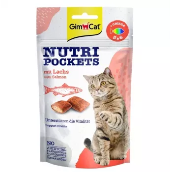 GimCat Nutri Pockets con salmón 60g – snacks crujientes para gatos con relleno cremoso de salmón