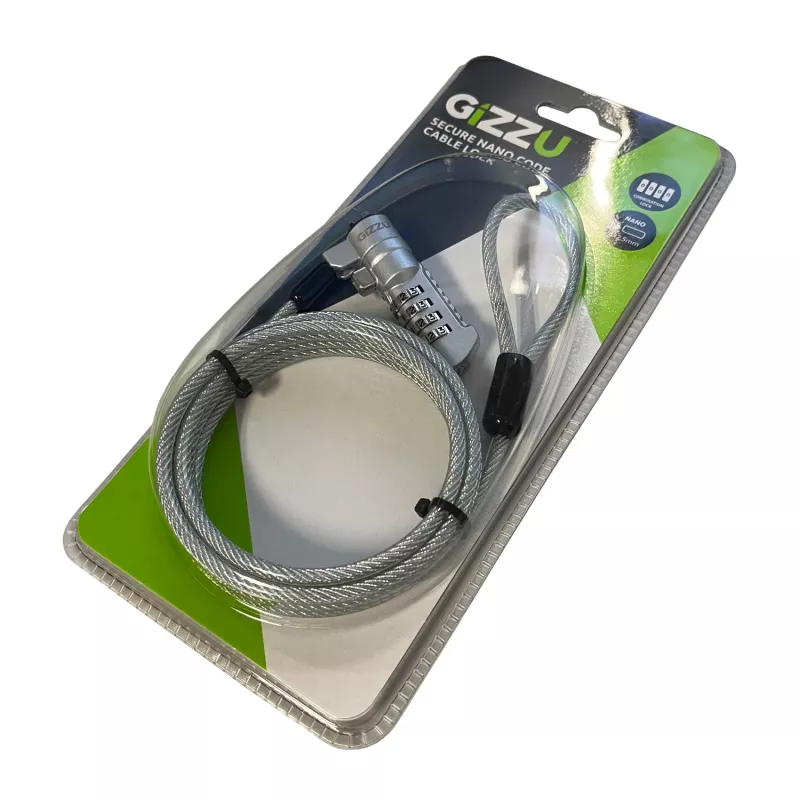 GIZZU Cable de Seguridad con Candado de Combinación Nano de 1,8 m - 4 Dígitos Ajustables, Acero Trenzado, para Dispositivos con Ranura Kensington Nano (Negro/Plata)