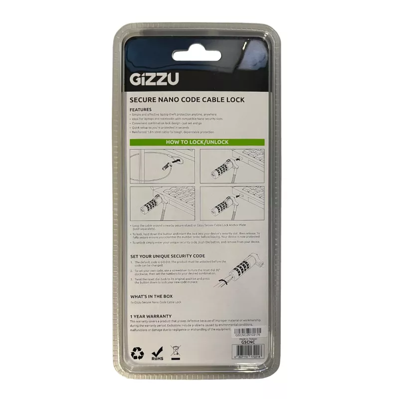 GIZZU Cable de Seguridad con Candado de Combinación Nano de 1,8 m - 4 Dígitos Ajustables, Acero Trenzado, para Dispositivos con Ranura Kensington Nano (Negro/Plata)