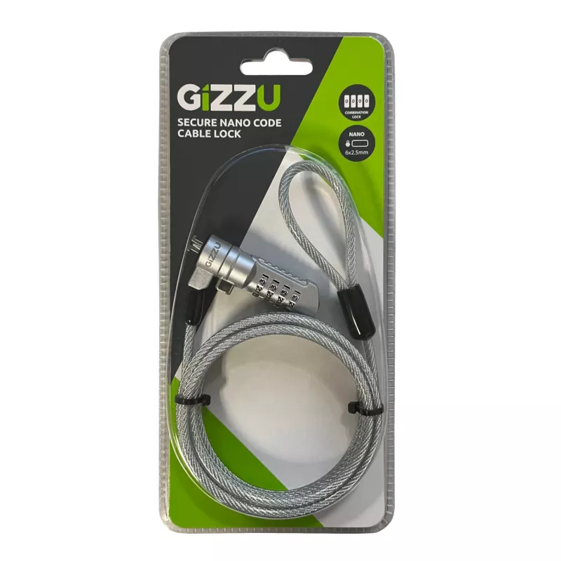 GIZZU Cable de Seguridad con Candado de Combinación Nano de 1,8 m - 4 Dígitos Ajustables, Acero Trenzado, para Dispositivos con Ranura Kensington Nano (Negro/Plata)