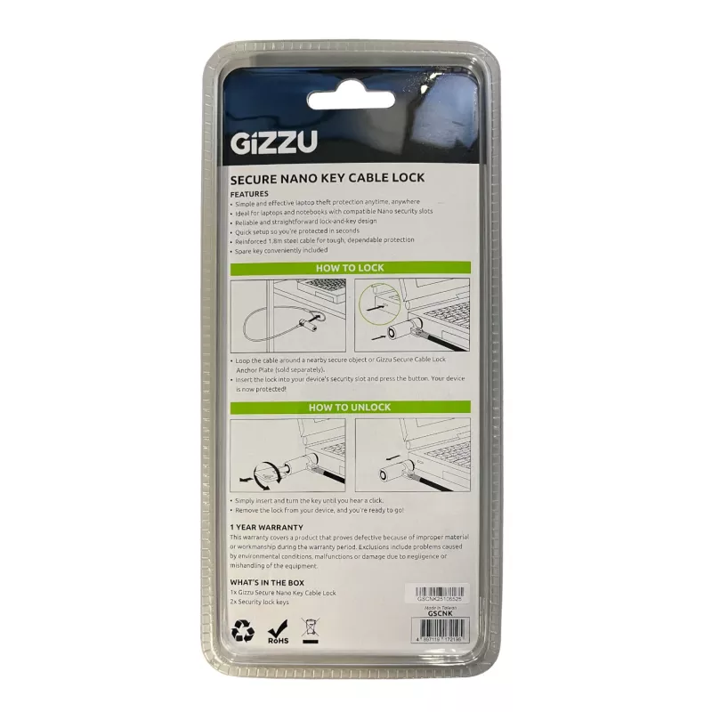 GIZZU Cable de Seguridad Nano Key Lock de 1,8 m con Llave - Negro