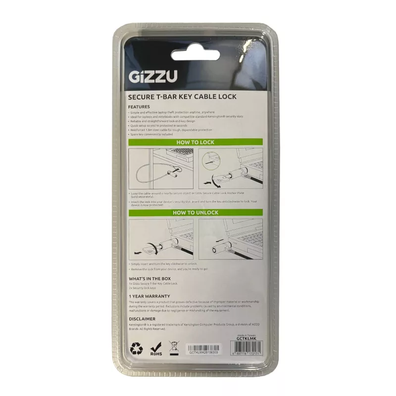 GIZZU Candado de cable para portátil T-Bar de 1,8 m con compatibilidad master-key - Candado de seguridad con llave para ranura Kensington, acero trenzado, Negro