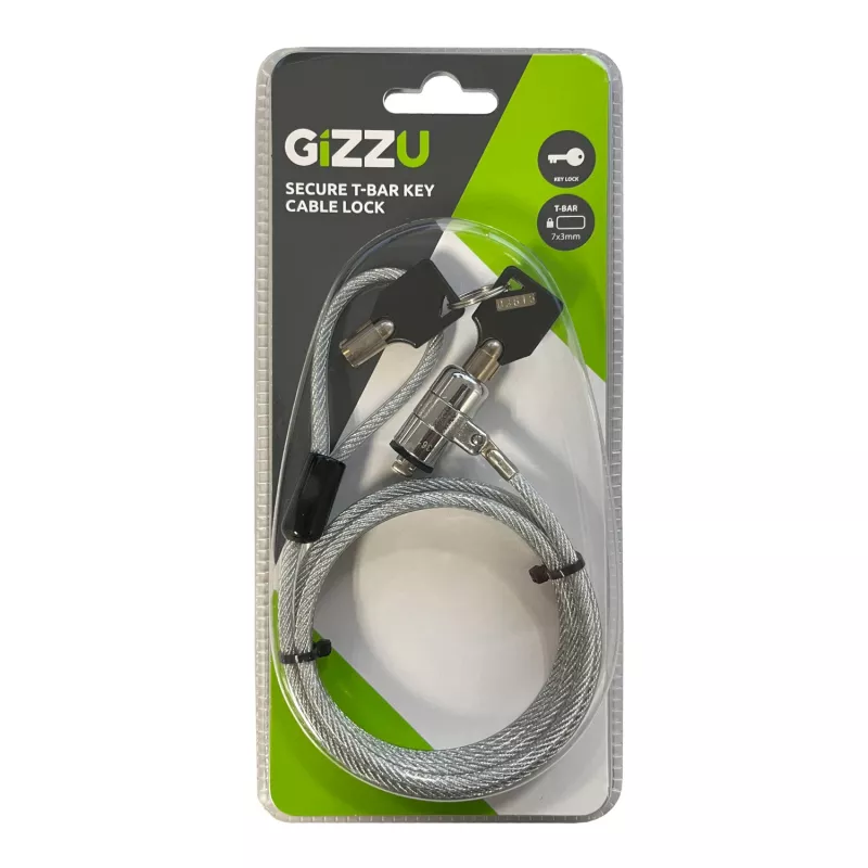 GIZZU Candado de cable para portátil T-Bar de 1,8 m con compatibilidad master-key - Candado de seguridad con llave para ranura Kensington, acero trenzado, Negro