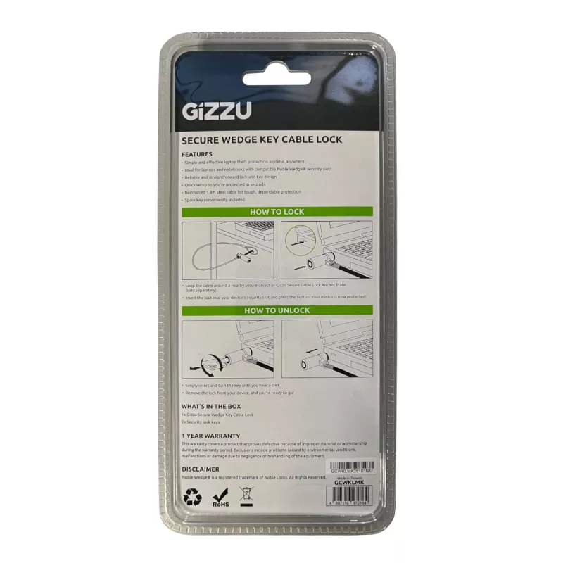 GIZZU Candado de cable en cuña de 1,8 m con 2 llaves para dispositivos con ranura Noble-Wedge - Negro