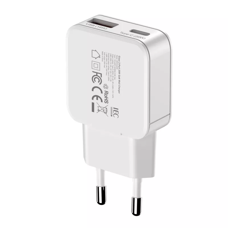 Gizzu Cargador de pared GaN de 2 puertos 20W USB-C PD 3.0 + USB-A QC 3.0 adaptador de carga rápida - blanco