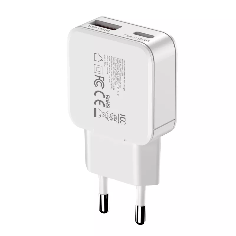 Gizzu Cargador de pared GaN 2 puertos 30W USB-C PD + USB-A QC Blanco