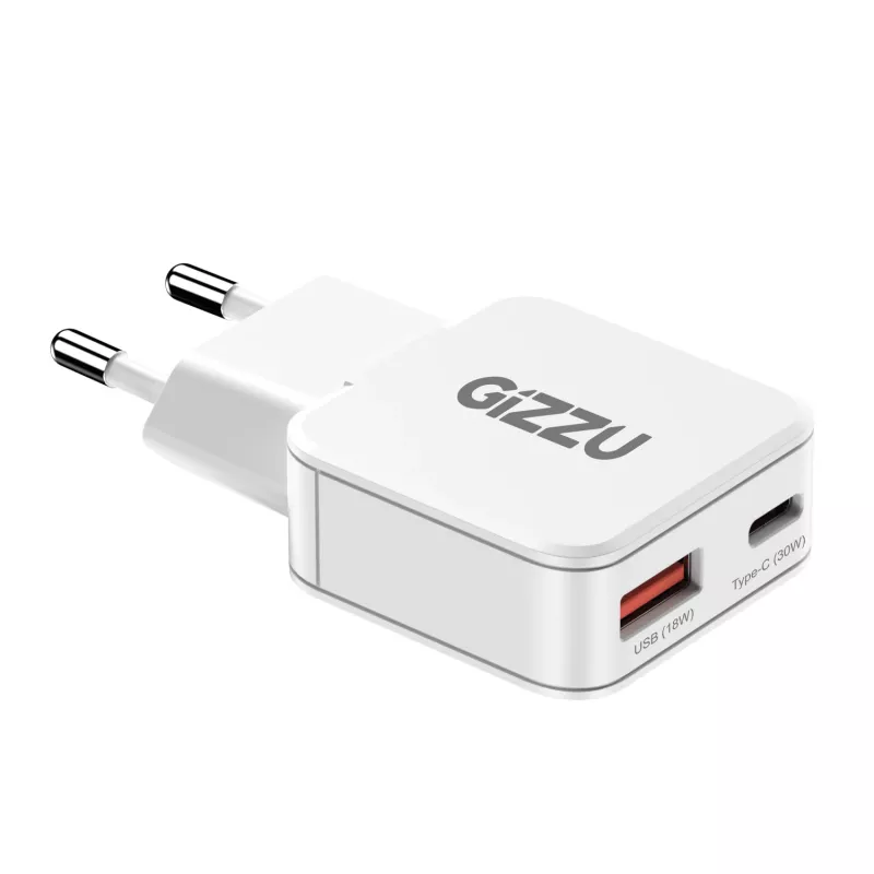 Gizzu Cargador de pared GaN 2 puertos 30W USB-C PD + USB-A QC Blanco