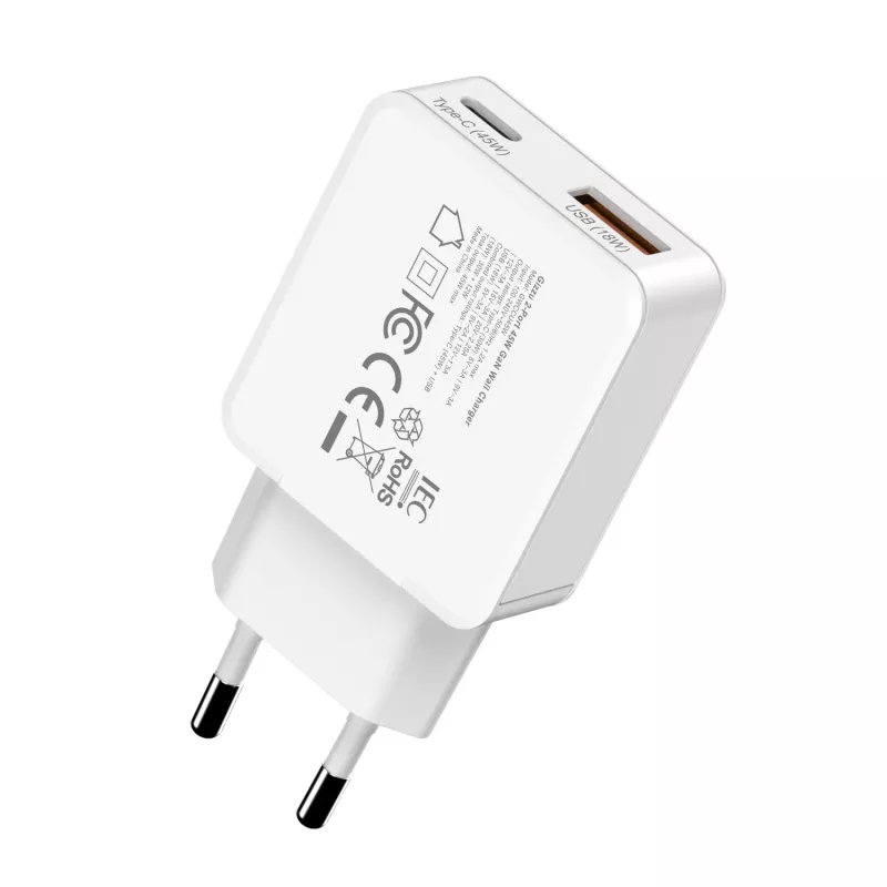 Gizzu Cargador de pared GaN de 2 puertos 45W USB-C PD y USB-A QC blanco