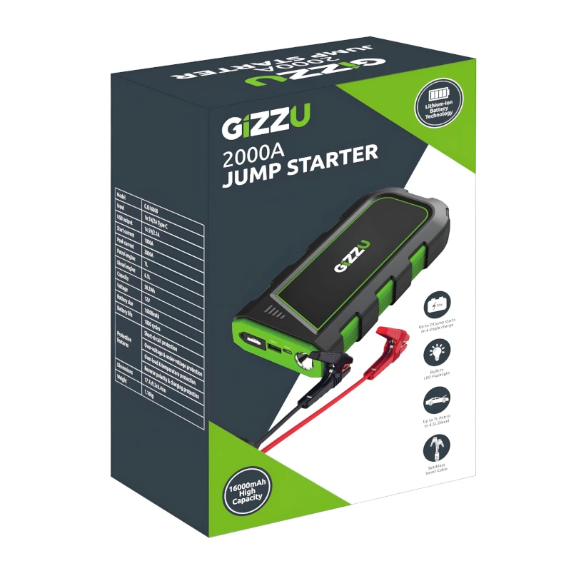 GIZZU 2000A arrancador 16000mAh - negro