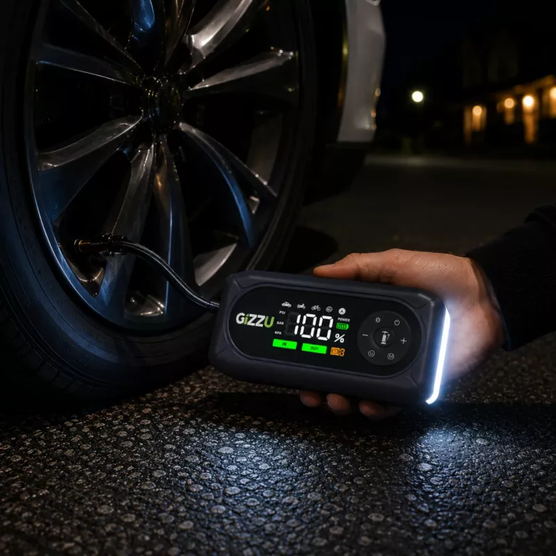Gizzu Arrancador de emergencia y compresor de aire 4-in-1