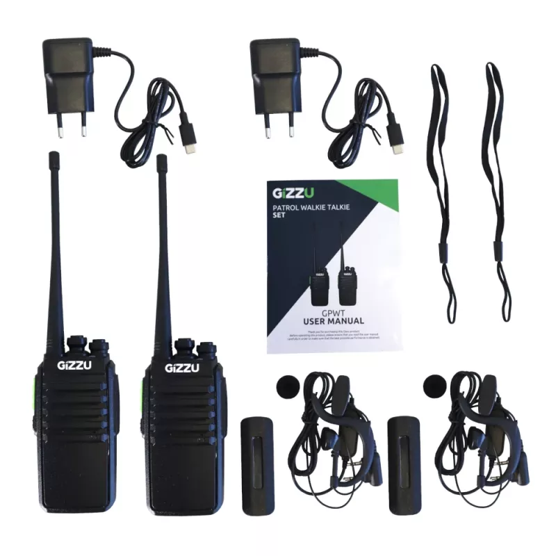 Gizzu Patrol Walkie Talkie Set PMR446 Radio bidireccional de 8 canales con VOX, Scan, Linterna – Negro/Naranja (pack de 2)