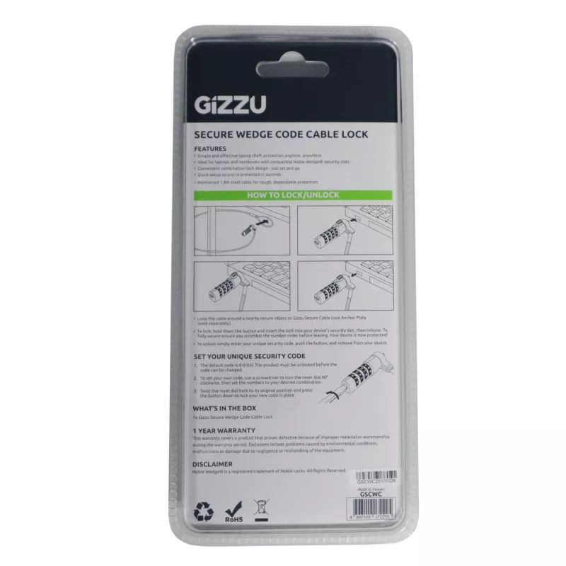 Gizzu Candado de cable con cuña de seguridad con código 1,8 m