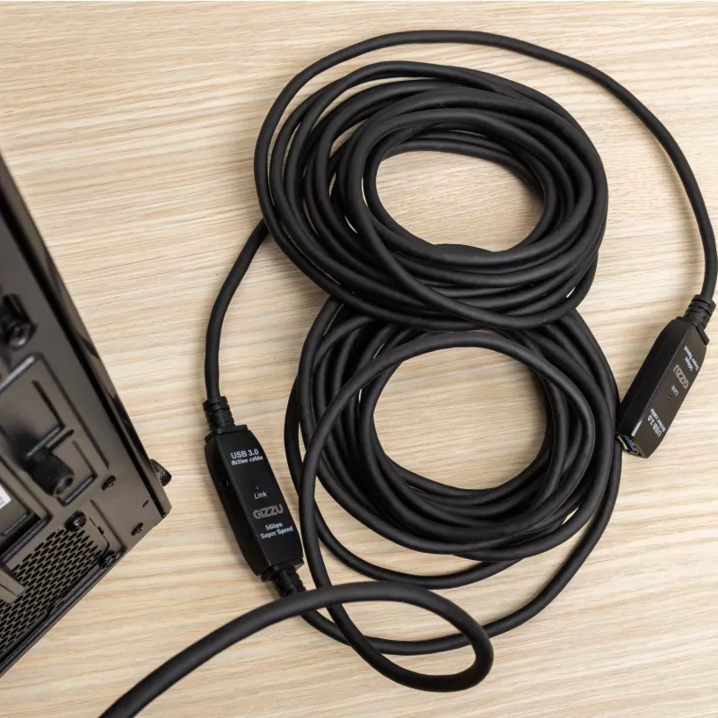 Gizzu Cable de extensión activo USB3.0 10m – Cable repetidor SuperSpeed 5Gbps con amplificador de señal, USB-A macho a hembra, alimentado por bus con puerto DC opcional, negro