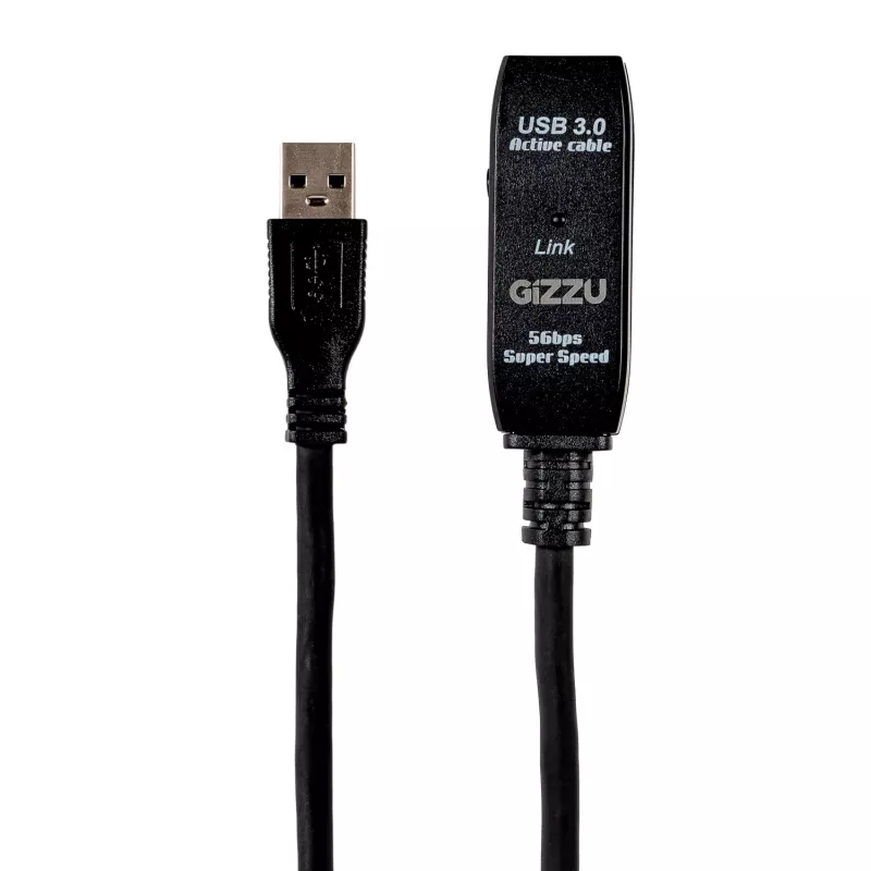 Gizzu Cable de extensión activo USB3.0 10m – Cable repetidor SuperSpeed 5Gbps con amplificador de señal, USB-A macho a hembra, alimentado por bus con puerto DC opcional, negro