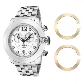 GLAM ROCK Reloj cronógrafo mujer Miami Beach GR32154 - caja de acero inoxidable de 44mm, correa de silicona blanca, movimiento de cuarzo suizo