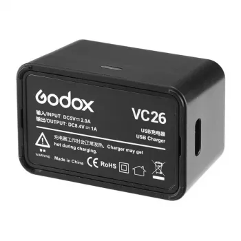Cargador USB-C Godox VC26 para baterías de flash V1 y V860III – entrada 5V/2A, salida 8,4V/1A, indicador LED, incluye cable USB-A a USB-C