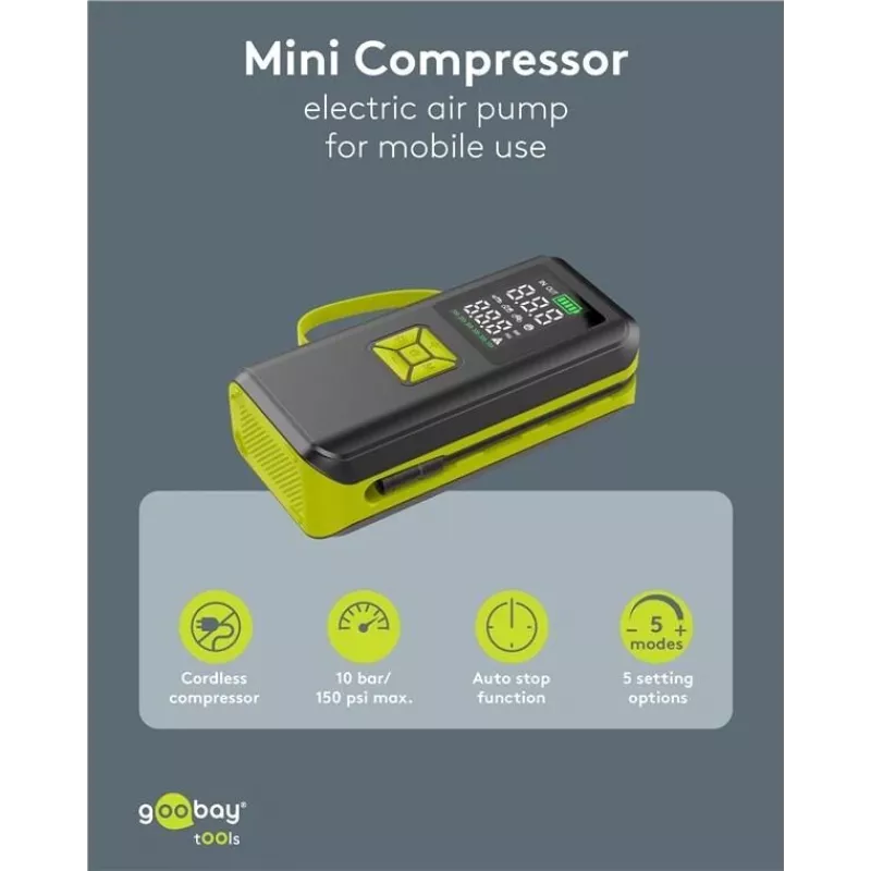 Goobay Tools Bomba de aire de batería con pantalla digital, 10,3 bar, carga USB-C, luz LED, batería de litio de 2000 mAh, incluye adaptadores y bolsa de almacenamiento 77827