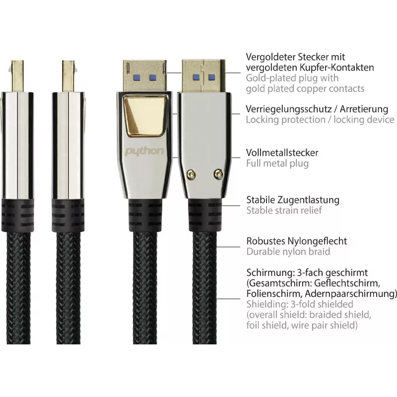 GoodConnections cable PREMIUM DisplayPort 2.0, 54 Gbit/s, UHBR 13.5, 4K @240Hz / 8K @60Hz, conector macho de metal completo, cobre (DP20-PY020)