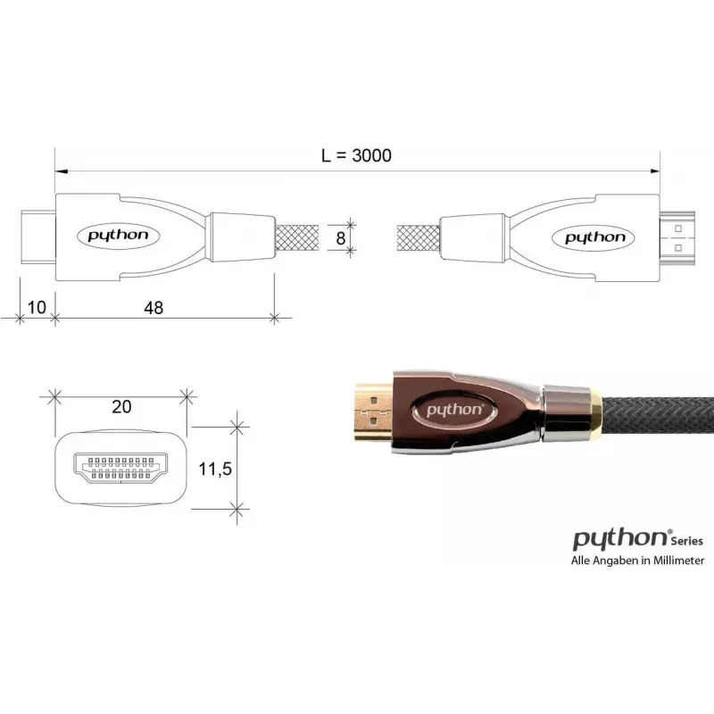 GoodConnections PYTHON Series cable HDMI de alta velocidad con Ethernet, 4K UHD 60Hz, 18Gbps, bañado en oro, trenzado de nailon, 3m, Negro (GC-M0018)
