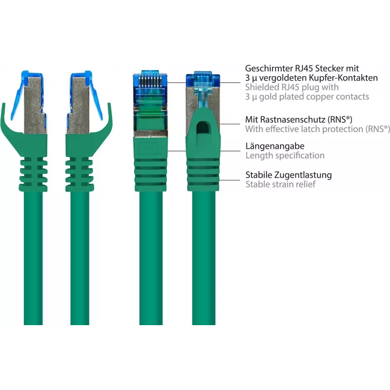 GoodConnections RNS® Cable de red Cat. 6A S/FTP libre de halógenos con protección de lengüeta, 3 m, verde