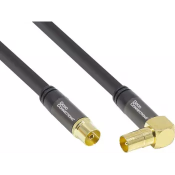 GoodConnections Cable de antena SAT SmartFLEX, conector acodado IEC/coaxial macho a hembra, dorado, cuádruple apantallamiento, apantallamiento 120dB, negro, 15m (GC-M2078)