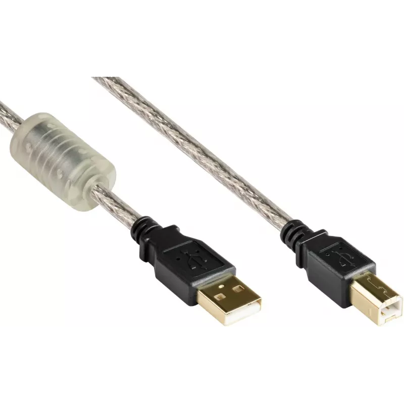Good Connections Cable USB 2.0 de alta calidad con núcleo de ferrita y contactos dorados, transparente, 5 m