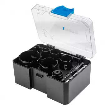 Set de sierras de corona con punta de carburo GRAPHITE, 6 piezas (19–64 mm) con 2 adaptadores y 2 brocas piloto, set de 10 piezas