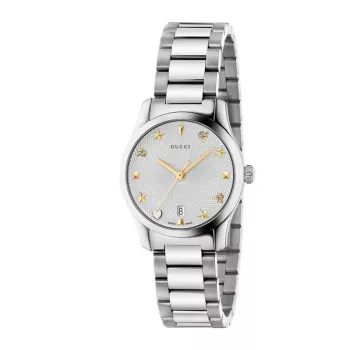 Reloj de mujer Gucci G-Timeless YA126572A 27mm acero inoxidable esfera plateada con índices de diamantes suizo cuarzo