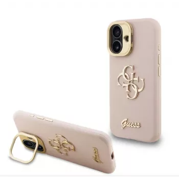 Guess Apple iPhone 16 Pro Max Funda PU Textura Grano 4G Logo Soporte Marco de Cámara Rosa