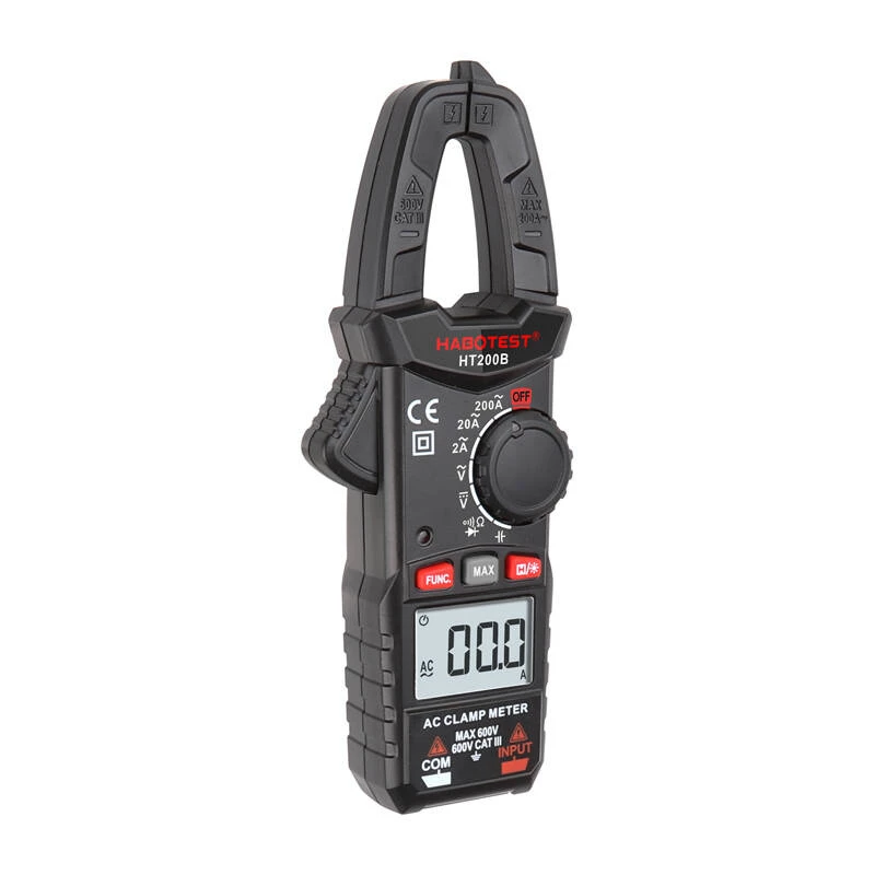 Habotest HT200B Pinza amperimétrica digital, True RMS 6000 Counts, NCV, tensión AC/DC, corriente AC hasta 600A, medición de capacidad, frecuencia y temperatura