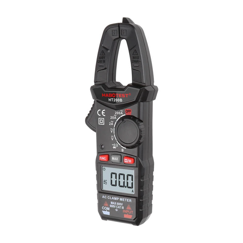 Habotest HT200B Pinza amperimétrica digital, True RMS 6000 Counts, NCV, tensión AC/DC, corriente AC hasta 600A, medición de capacidad, frecuencia y temperatura