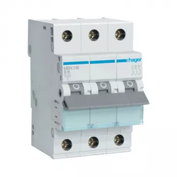 Hager MBN316 Interruptor automático magnetotérmico 3 polos 16A curva B 6kA, 3 módulos de ancho