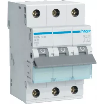 Hager MBN320 Interruptor automático magnetotérmico tripolar 20 A curva B, 6 kA, 3 módulos