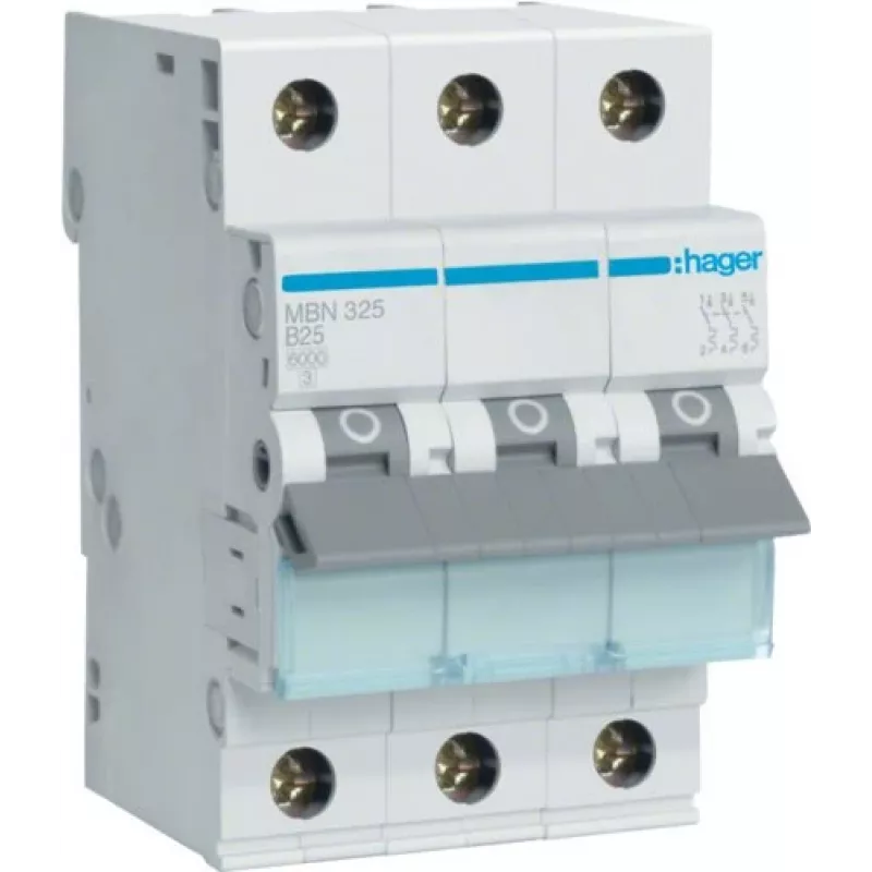Hager MBN325 interruptor automático 3 polos 25 A curva B 6 kA 3 módulos