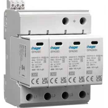Dispositivo de protección contra sobretensiones HAGER SPA931 SPD T1+T2 B+C 4P 4M 12.5/50kA 1.5kV TN-S