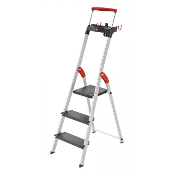 HAILO L100 TopLine escalera doméstica de aluminio con 3 peldaños, bandeja multiusos y barra de seguridad