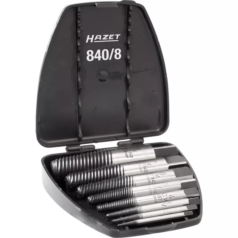 HAZET 840/8 set extractor de tornillos M3 - M45, 8 piezas, espiral a izquierdas, acero de herramientas de alta calidad, en maletín de plástico