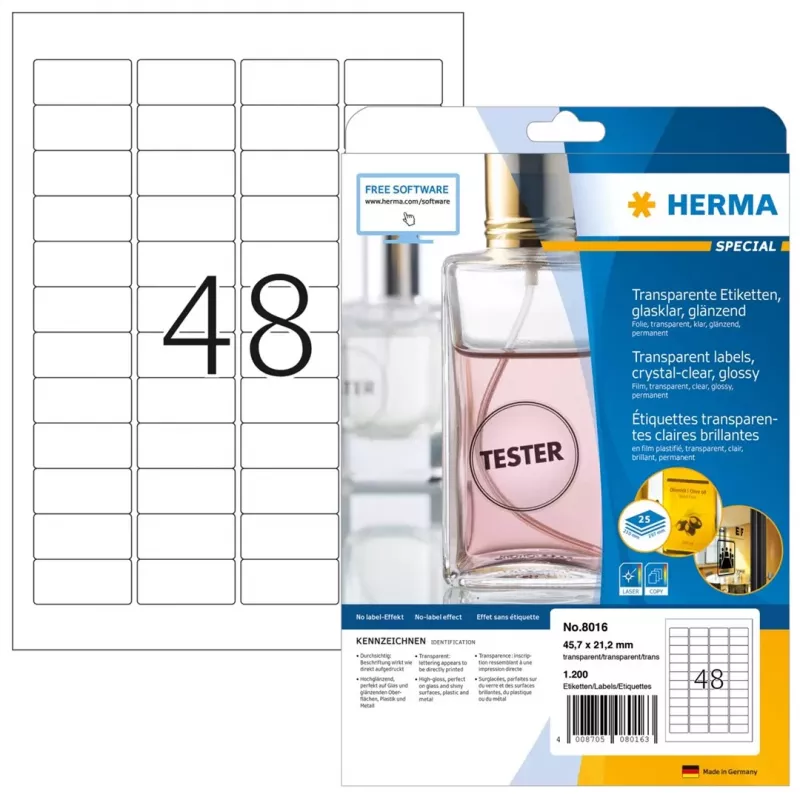 HERMA 8016 Etiquetas de poliéster cristalinas brillantes A4 45,7 x 21,2 mm 1200 etiquetas
