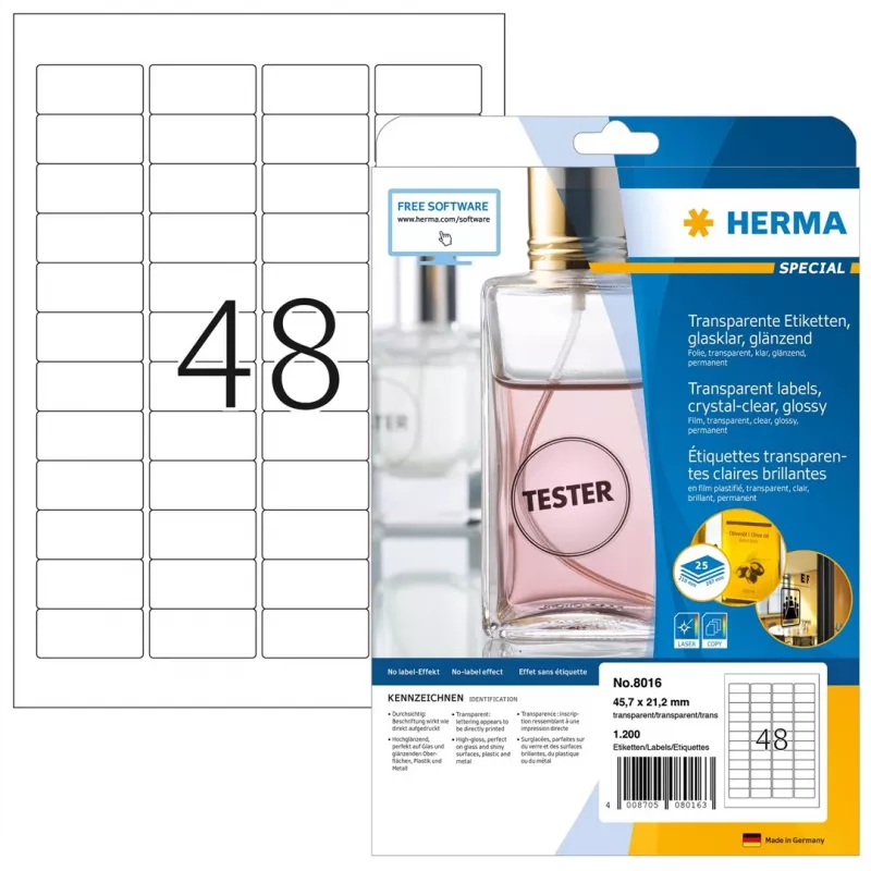 HERMA 8016 Etiquetas de poliéster cristalinas brillantes A4 45,7 x 21,2 mm 1200 etiquetas