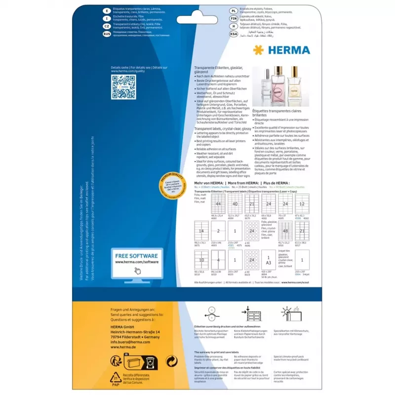 HERMA 8016 Etiquetas de poliéster cristalinas brillantes A4 45,7 x 21,2 mm 1200 etiquetas