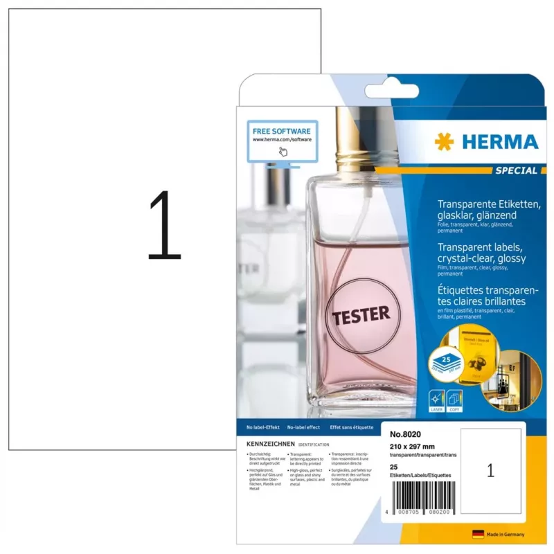 HERMA Etiquetas especiales de poliéster autoadhesivas transparentes brillantes A4, 25 hojas